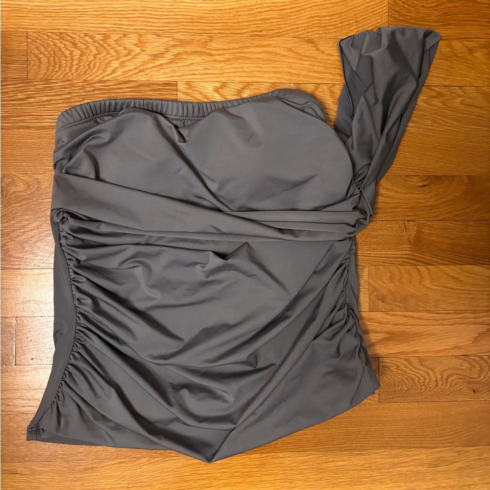 One-Shoulder Gray Swim Top. Large